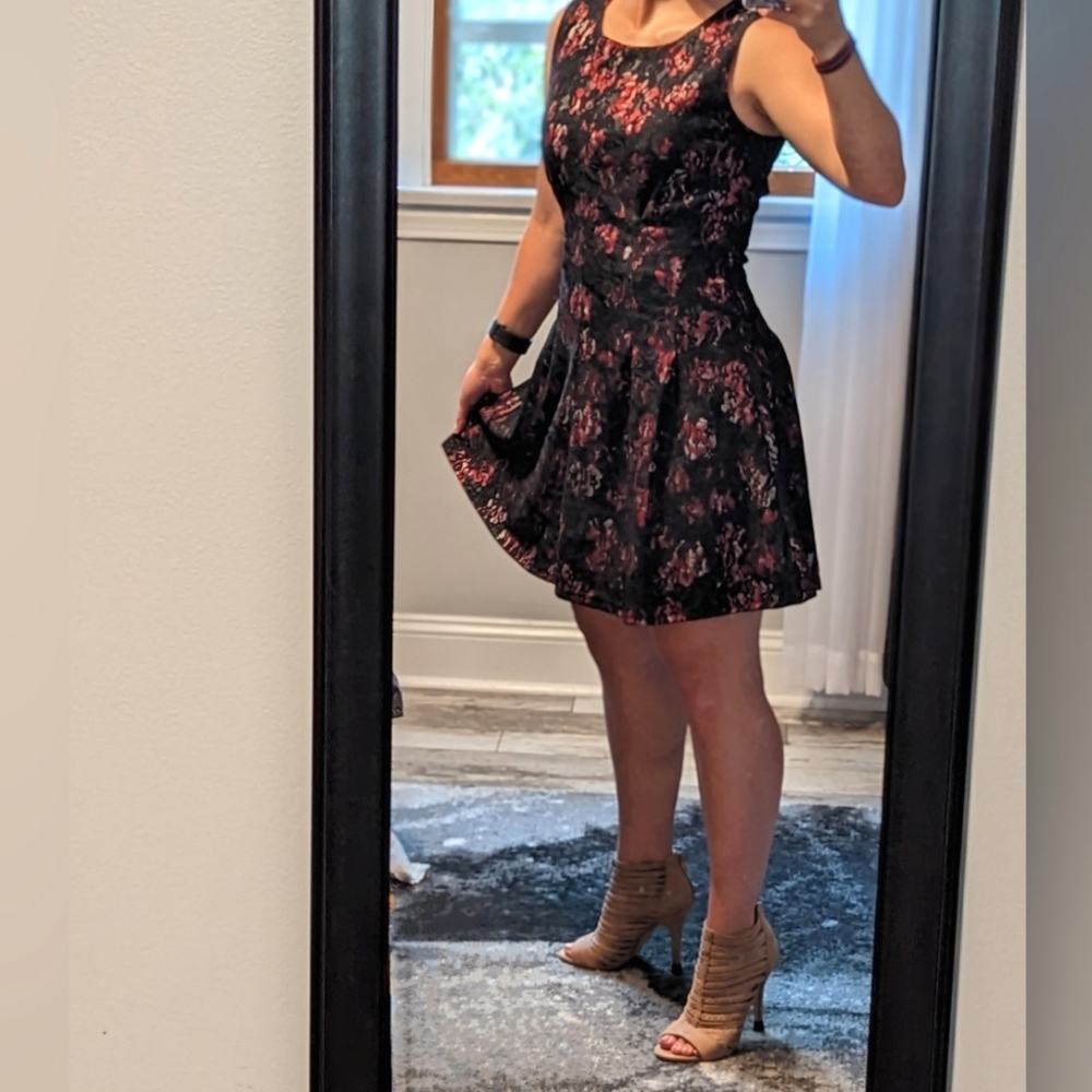 Black lace and red rose sleeveless skater dress